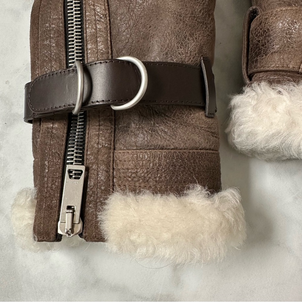 Brown Shearling-Lined Aviator Jacket with Cream Collar - Picture 4 of 13